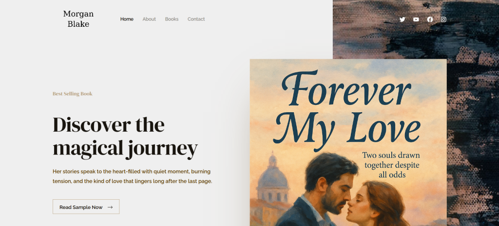 Author website demo designed by Brockway Web Solutions featuring a book-focused homepage layout