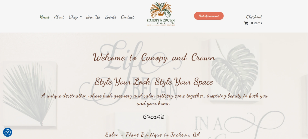 Canopy and Crown salon and plant boutique website design by Brockway Web Solutions